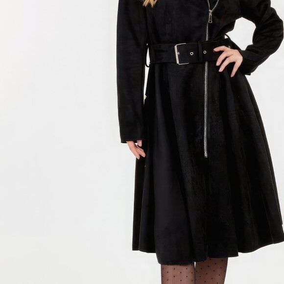Waist Belt Tacked Faux Suede Coat Solid Coat - Picture 4 of 4